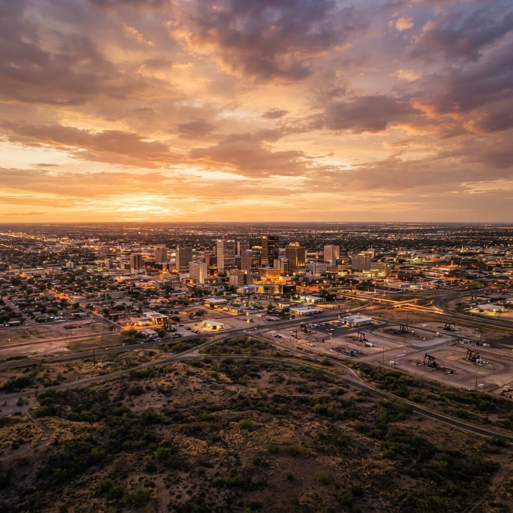 West Texas city skyline at sunset